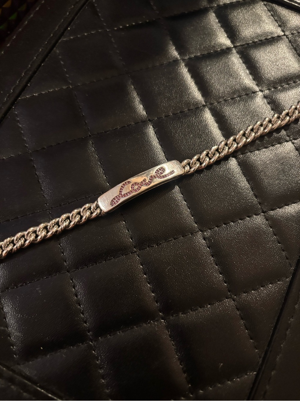 David Yurman silver curb link love id bracelet with pink sapphire